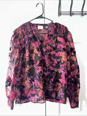 Elle Black Floral Smocked Yoke Blouse with Pink & Purple Print